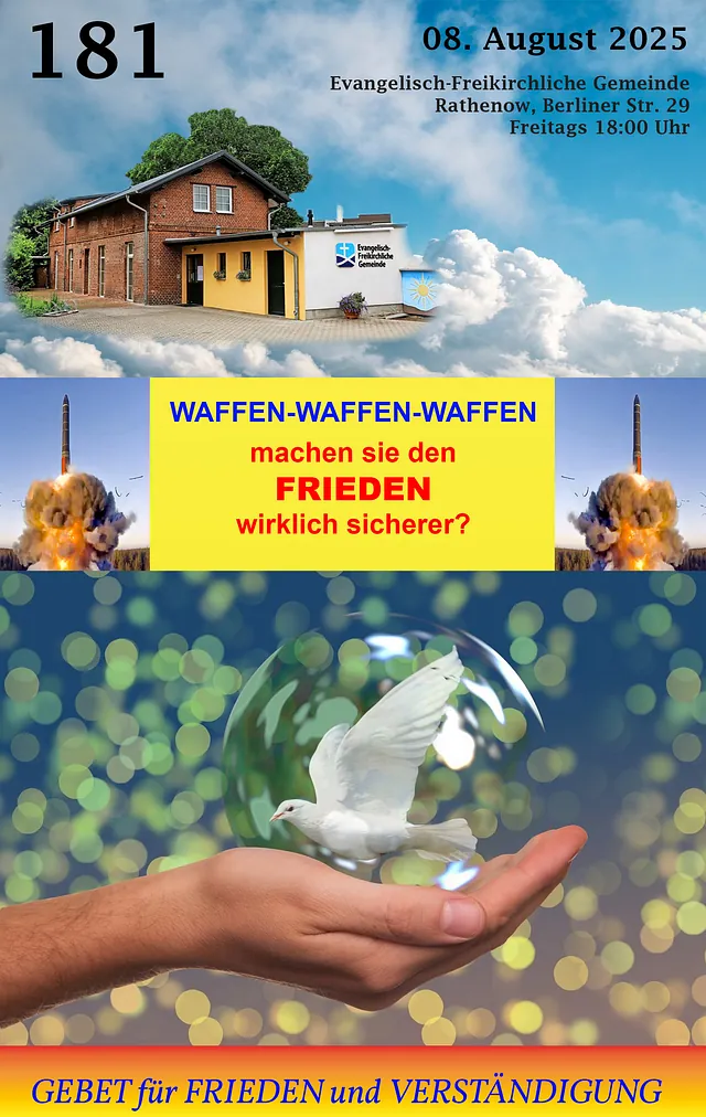 Poster für ein Friedensgebet mit Kirche, Raketen und einer Taube.