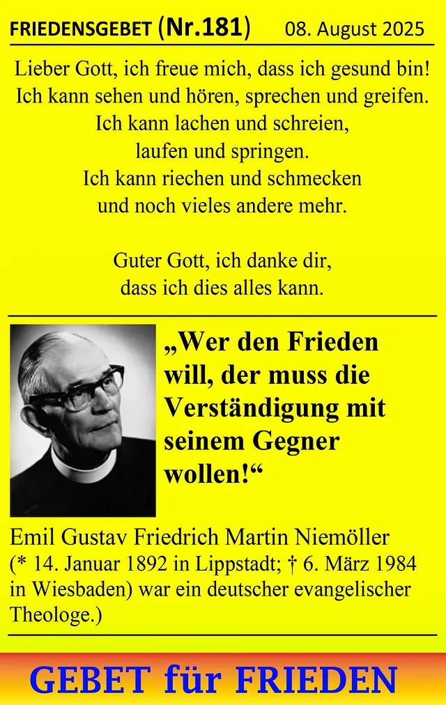 Plakat mit Friedensgebet und einem Zitat von Theologe Martin Niemöller.